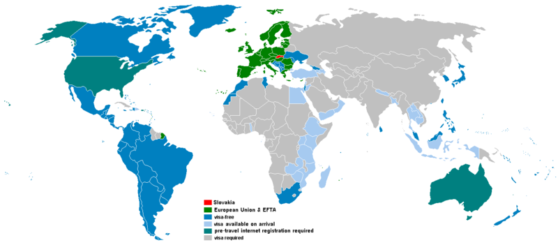 Страны и территории с безвизовым въездом и с оформлением виз по прибытии владельцам словацких паспортов