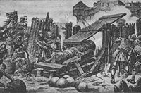 Modern, fanciful illustration of the Faule Grete in action at the siege of Friesack in 1414. Contrary to the ordnance depicted, the Faule Grete was not assembled from wrought-iron bars, but a cast cannon.