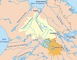 Желтым обозначен нынешний бассейн реки Каниаписко, оранжевым та часть бассейна, которая теперь относится к бассейну реки Ла-Гранд
