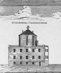 Дом Андерса Цельсия со своей обсерватории на крыше, гравюра 1769 года. Тут обсерватория располагалась с 1741 по 1857 год.