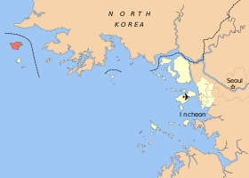 Baengnyeongøya fotografert av NASA Landsat