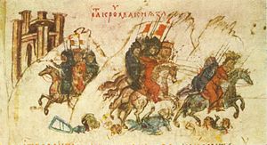 Воины Крума преследуют сына Никифора I Ставракия (миниатюра из летописи Константина Манассии)