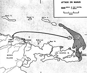 Крупномасштабная карта, на которой отмечена территория, контролируемая американцами на Лос-Негросе. Стрелкой обозначена атака через гавань японских позиций на острове Манус.