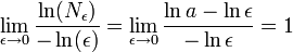 \lim\limits_{\epsilon\to0}\frac{\ln(N_\epsilon)}{-\ln(\epsilon)}=\lim\limits_{\epsilon\to0}\frac{\ln a-\ln\epsilon}{-\ln\epsilon}=1